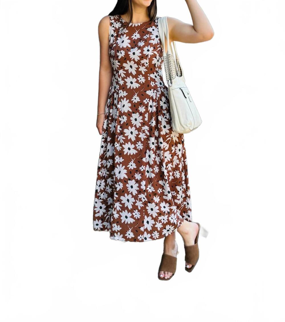 NEW THML women's sleeveless flower puffy dress in brown/cream